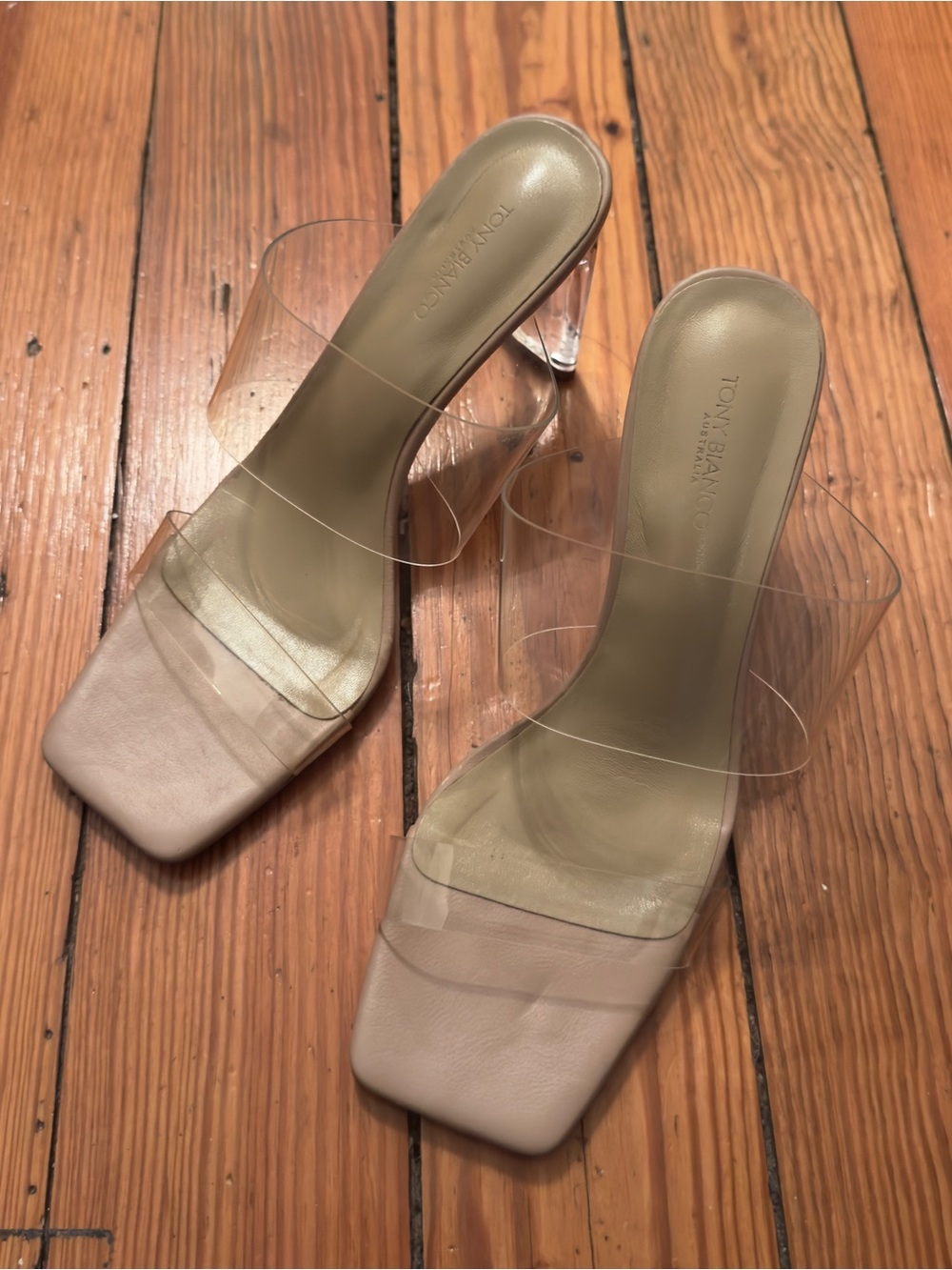 Tony Bianco Chicago mule Sandal heel in Clear Vinylite & Skin Nappa